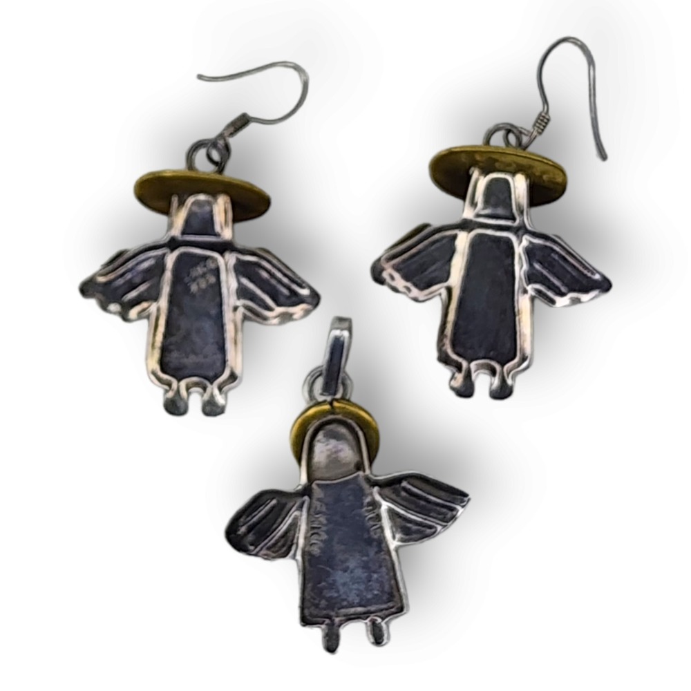 Vintage Mexico Sterling Silver 925 and Brass Angel Earrings Matching Pendant Set